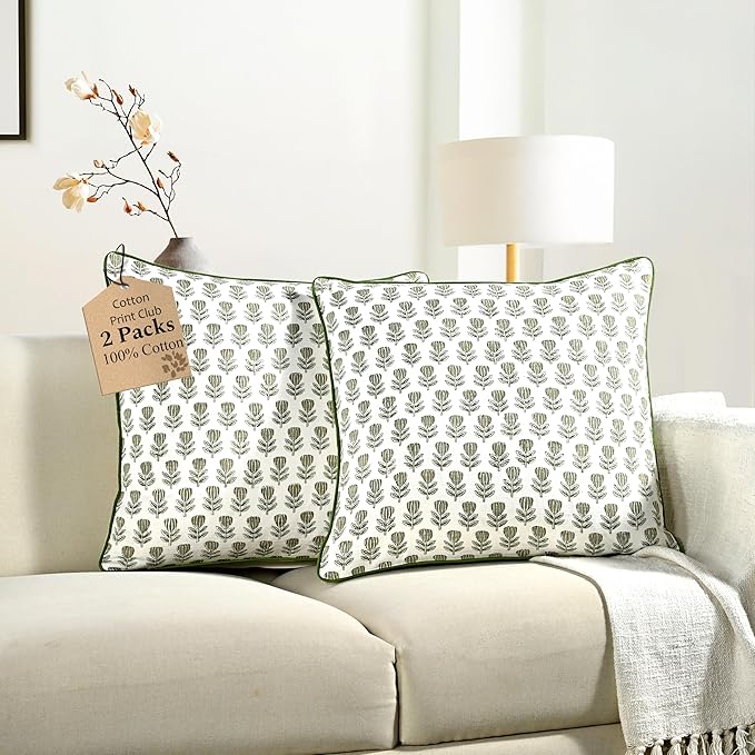 CPC Rustic Sage Trellis Block Print Throw Cushion Cover 20 x 20 Inch Set 2 - Decorative Boho Floral Pillow Case for Living Room, Bed, Sofa Home Decor Gift for Spring, Mother's Day