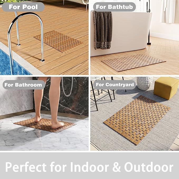 23.62"x 15.75" Teak Wood Bath Mat, Foldable Non-Slip Shower Mat for Bathroom, Quick-Dry Floor Mat for Bathtub, Spa, Sauna, Outdoor