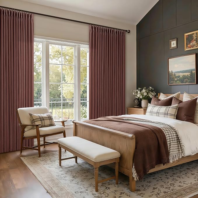 Reddish Brown Pinch Pleat Linen Curtains 80 Inch Long 2 Panels Set for Dining Living Room 50 Inch Wide Country Rustic Memory Trained Semi Sheer Drapes with Rings Back Tab Bedroom Window Curtain