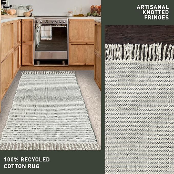 Chardin home Green & Ivory Providence Throw Rug 2x6 feet |Hand Woven Farmhouse Rug | Great in Kitchens entryways doormats Bathrooms Meditation Mat | Machine Washable & Reversible Cotton Rug