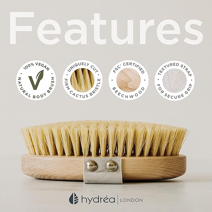 Hydrea London Dry Brushing Body Brush with Cactus Bristle - Cellulite Remover, Vegan Best Dry Brush for Flawless Skin, Helps Improve Lymphatic Drainage - FSC® Certified Beechwood.