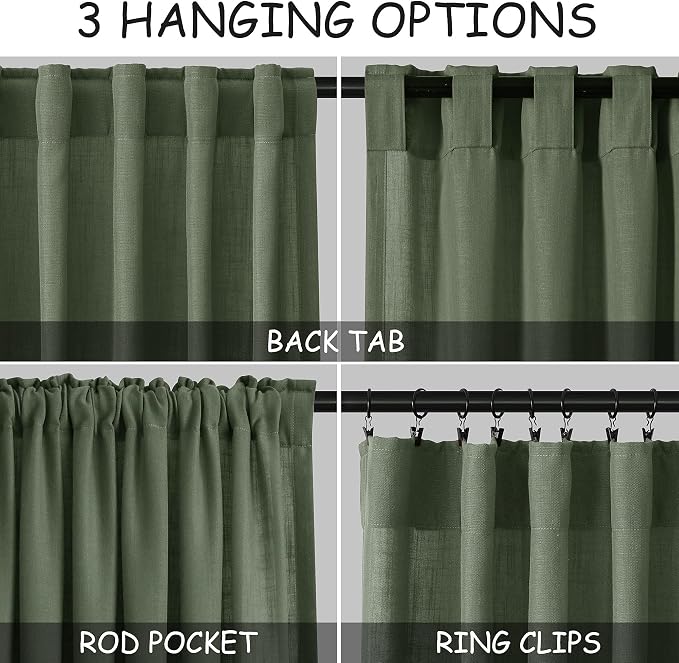 Nanspring Olive Green Linen Sheer Curtains 54 Inch Length 2 Panel Set Back Tab Rod Pocket Semi Sheer Light Filtering Short Curtain Soft Elegant Aesthetic Small Window Drapes for Bathroom 52x54