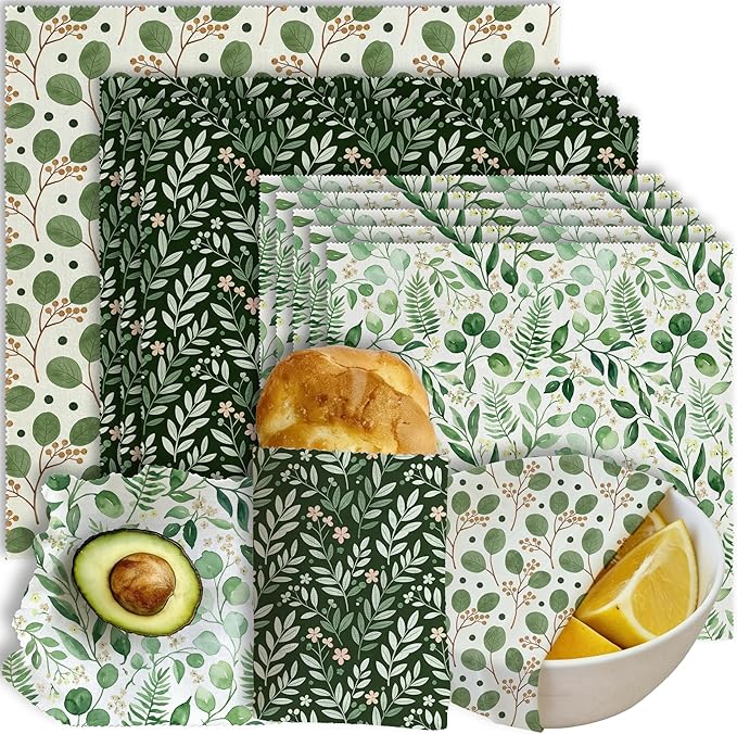 Reusable Beeswax Wraps, 9 Pack Eco-Friendly Food Storage, Organic, Sustainable, Biodegradable, Zero Waste, Plastic-Free, For Sandwich, Bowl, Bread, 1XL, 3M, 5S, Botanical Leaves Pattern