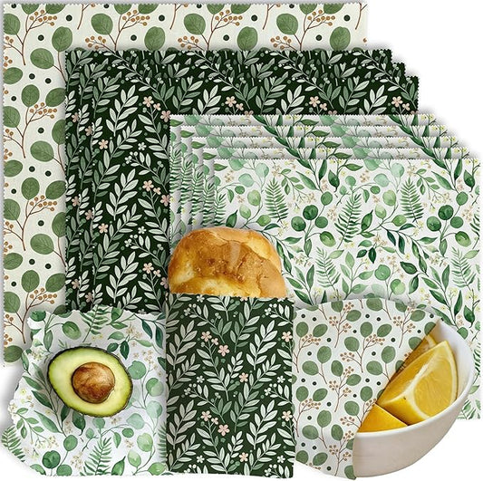 Reusable Beeswax Wraps, 9 Pack Eco-Friendly Food Storage, Organic, Sustainable, Biodegradable, Zero Waste, Plastic-Free, For Sandwich, Bowl, Bread, 1XL, 3M, 5S, Botanical Leaves Pattern