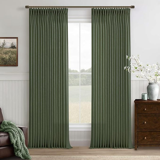 Green Linen 86 Inches Long Curtains 2 Panels Set Pinch Pleated Olive Moss Green Linen Drapes for Living Room Bedroom Pinch Pleat Light Filtering Country Farmhouse Window Curtains 86 Inch Length