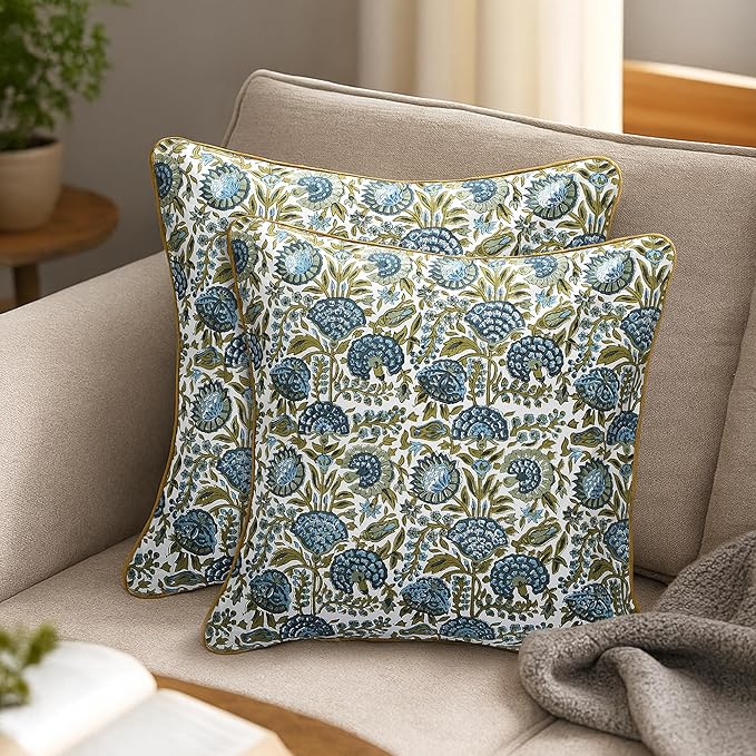 SheetKart Pure Cotton Throw Pillow Covers - Set of 2 - Hand Block Pure Cotton Printed Boho Decorative Pillow Covers - Cushion Covers for Living Room, Bohemian Theme, 17 x 17 Inches, Midnight Olive