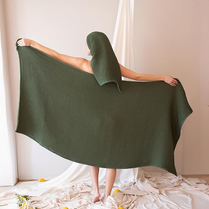 4-Piece Waffle Towels Set for Bathroom - Soft 100% Turkish Cotton Quick-Dry Lint-Free Waffle Weave Thin Bath and Hand Towels (Dark Green, 2 Bath & 2 Hand Towel Set)