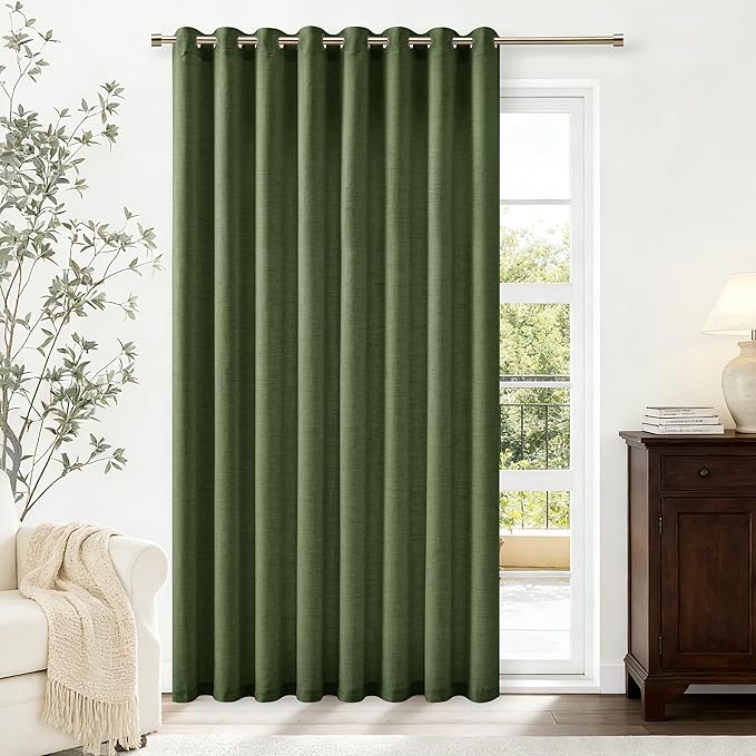 Olive Green Extra Wide 100 Inch Linen Curtains Room Divider 84 Inch Length 1 Panel Sliding Door Curtains for Living Room Moss Green Semi Sheer Curtains Grommet Privacy Farmhouse Curtains