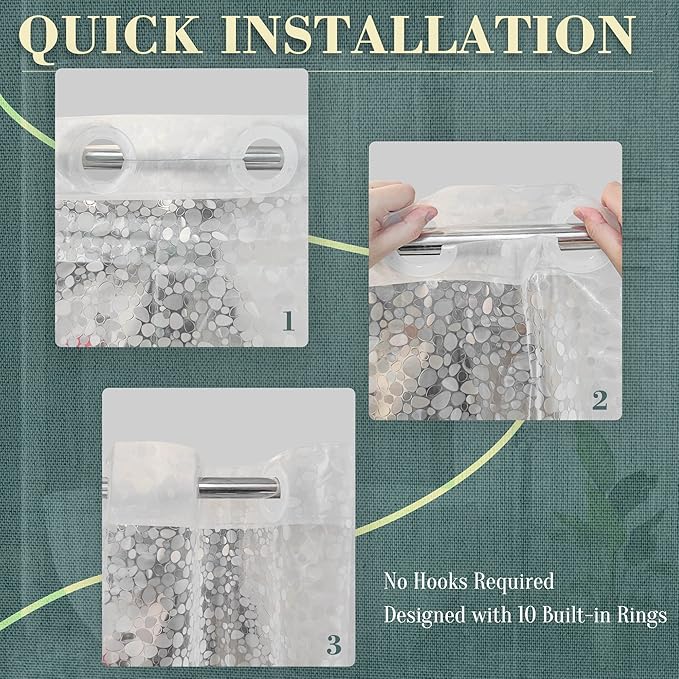 No Hook Shower Curtain or Liner - 8G Heavy Duty Cobblestone Bathroom Shower Curtain No Hooks Required, Waterproof Plastic & PVC Free, Standard Size 71 x 74, Pebble