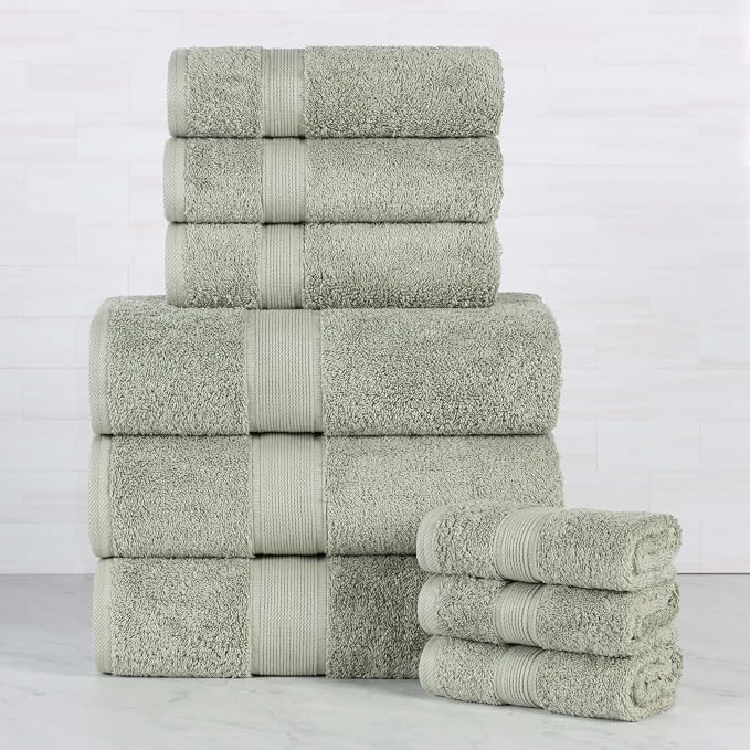 Superior 100% Organic Cotton 9-Piece Towel Set, Includes 3 Bath Towels, 3 Hand Towels, 3 Face Towels/Washcloth, Daily Use, Bathroom, Guest Bath, Absorbent, Home Essentials, Oregon Collection, Sage