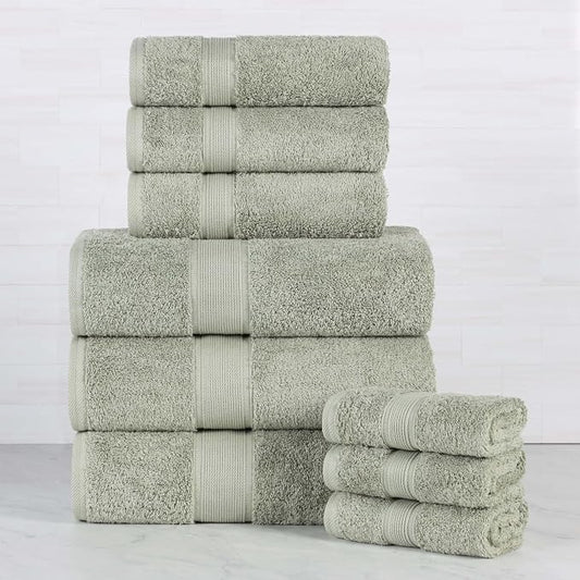 Superior 100% Organic Cotton 9-Piece Towel Set, Includes 3 Bath Towels, 3 Hand Towels, 3 Face Towels/Washcloth, Daily Use, Bathroom, Guest Bath, Absorbent, Home Essentials, Oregon Collection, Sage