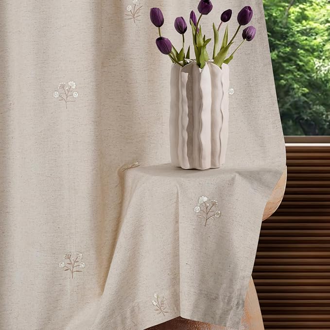 Bedding Craft Linen, Drapes, Linen Room Darkening, Flax,& Drapes, Natural, Taupe 96 inch_Embroidered