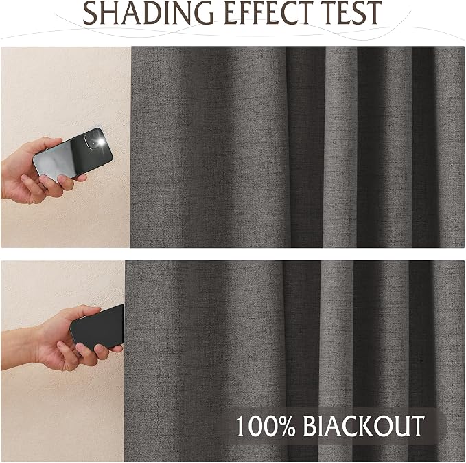 RYB HOME Pinch Pleated Back Tab Curtains Linen Textured 100% Blackout Curtains Thermal Insulated for Bedroom Living Room Bay Window Drapes, W 42 x L 90 inches, Grey, 2 Panels