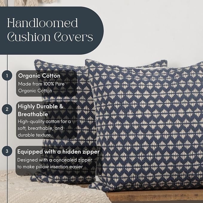 Trade Star Set of 2 Handloomed 100% Cotton Pillow Covers – 20x20 Rustic Boho Cushion Cases for Farmhouse, Fall & Christmas Decor – Indoor/Outdoor Use