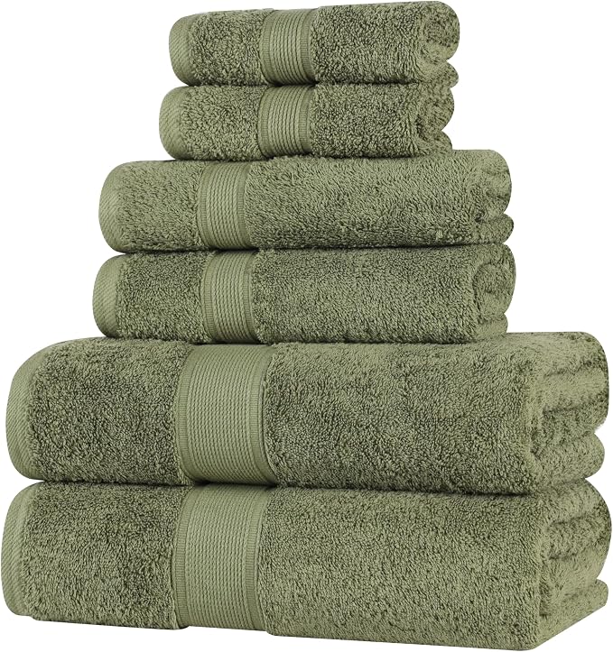 Superior 100% Organic Cotton 6-Piece Towel Set, Includes 2 Bath Towel, 2 Hand Towel, 2 Face Towel/Washcloth, Daily Use, Bathroom, Guest Bath, Absorbent, Oregon Collection, Forest Green