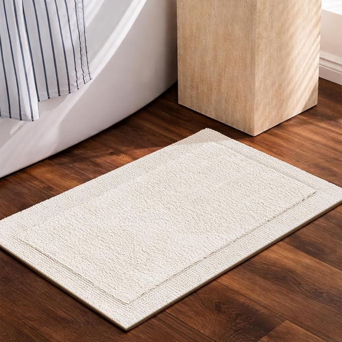 Bedding Craft Bathroom Bath Mat Rug – 100% Cotton, Reversible, Water Absorbent, Machine Washable, Soft Bathmat for Tub Side, 17x24 Beige