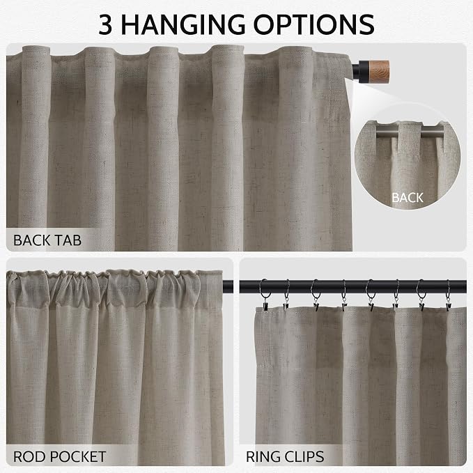Nanspring Grey Beige Curtains 90 Inches Long for Living Room Linen Light Filtering Semi Sheer Curtain Back Tab Rod Pocket Simple Modern Neutral Elegant Boho Gray Drapes for Bedroom 52x90, 2 Panels