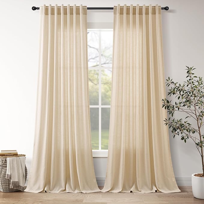Extra Long Curtains 102 Inches Long for Living Room Tan Back Tab Rod Pocket Light Filtering Semi Sheer Drapes Cotton Linen Textured Window Curtain for Bedroom 9 FT,2 Panels