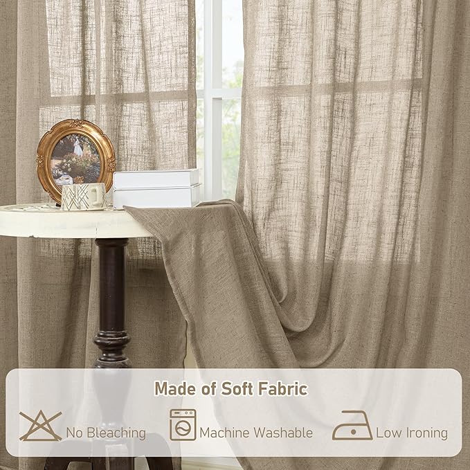 LAMIT 95 Inches Long Linen Curtains for Living Room, Back Tab and Rod Pocket Semi Sheer Curtains Light Filtering Farmhouse Drapes for Bedroom/Dining Room, Taupe, Set of 2, 52 x 95 Inch