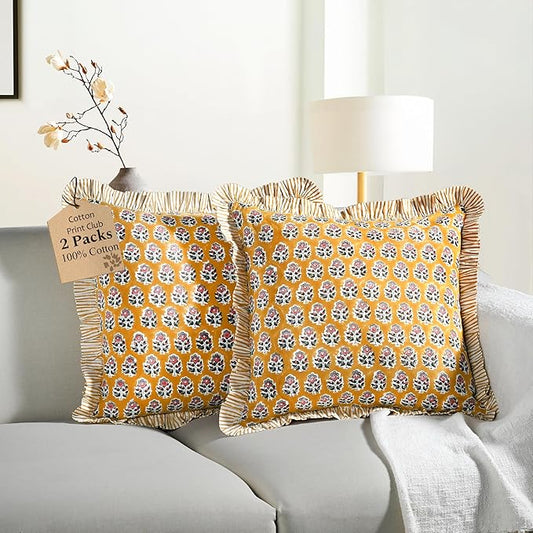 CPC Yellow Citrine Ruffle Throw Pillow Covers for Couch, 20x20 Inch Cotton Stripe Ruffle Couch Pillows for Living Room, Hidden 16 Inch Zipper Boho Pillow Case or Cute Outdoor Ruffle Pillows