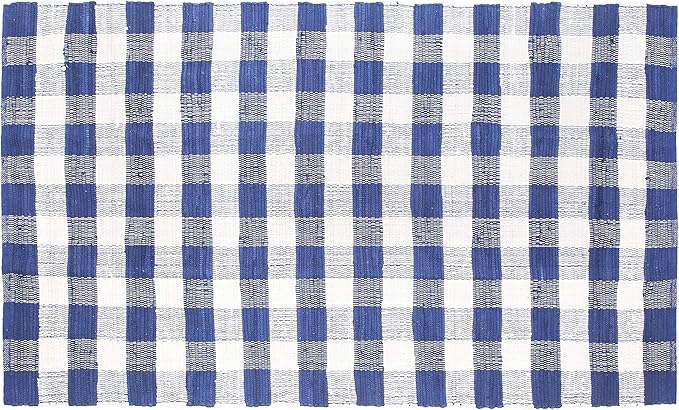 GLAMBURG Cotton Reversible Area Rug 3' x 5' Farmhouse Floor Mat, Handwoven Washable Carpet Checkered Plaid Rug for Front Porch Living Room Kitchen Bedroom - Blue White
