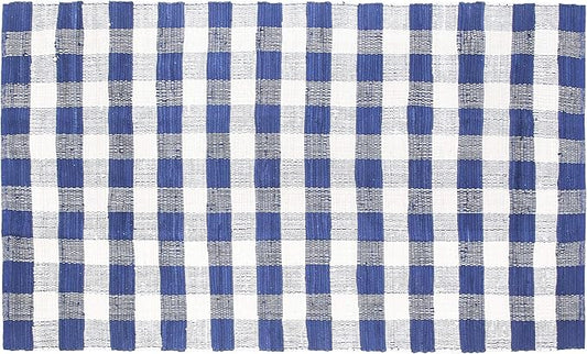 GLAMBURG Cotton Reversible Area Rug 3' x 5' Farmhouse Floor Mat, Handwoven Washable Carpet Checkered Plaid Rug for Front Porch Living Room Kitchen Bedroom - Blue White
