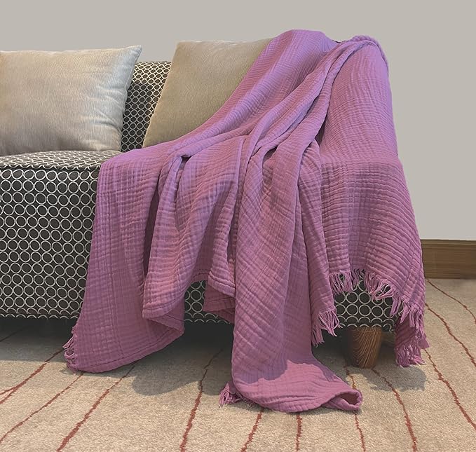 KyraHome 100% Organic Cotton 60"x80" Large Cotton Throw Blanket for Couch, Women, Plant Dyed, Breathable Lightweight Gauze Muslin Blanket for Adult, All Season (Purple Lavender)