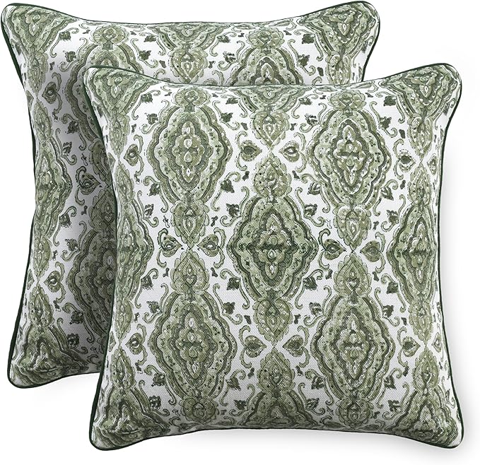 CPC Laurel Green Block Print Throw Cushion Cover 18 x 18 Inch Set 2 - Decorative Boho Floral Pillow Case for Living Room, Bed, Sofa, Couch, Home Decor Cushion Cover Gift for Spring, Mother's Day