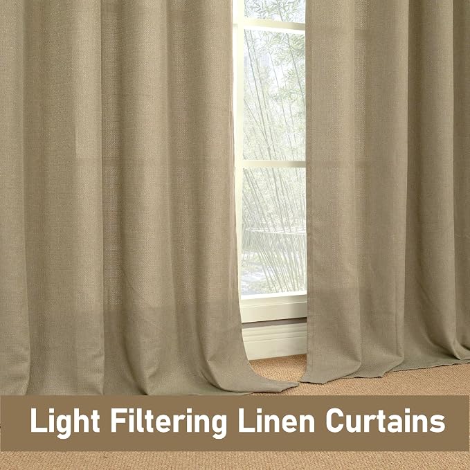 LAMIT Linen Textured Curtains for Living Room, 63 inches Long Grommet Thermal Insulated Thick Burlap Curtains Light Filtering Panels for Bedroom/Farmhouse, Set of 2 Panels, W52 x L63, Tan Brown