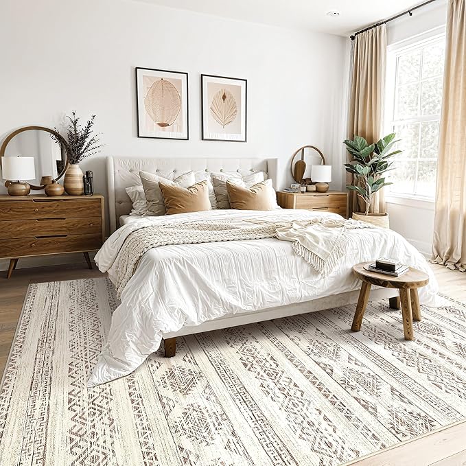 Tortania Area Rug Living Room Rugs - 10x12 Washable Large Soft Neutral Boho Moroccan Bohemian Farmhouse Rug Indoor Floor Carpet for Bedroom Under Dining Table Home Office Decor - Brown