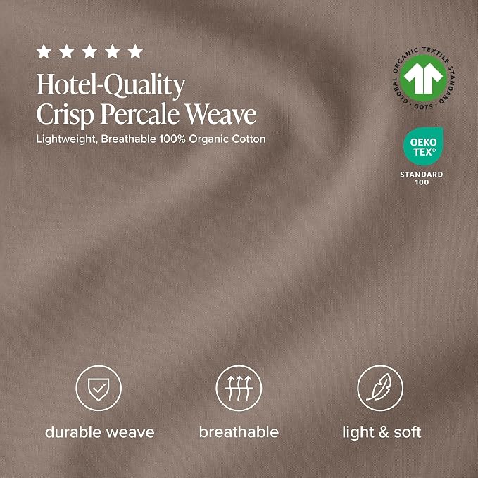 Bare Home 100% Organic Cotton Queen Sheet Set - Crisp Percale Weave - Lightweight & Breathable - Bedding Sheets & Pillowcases (Queen, Taupe)