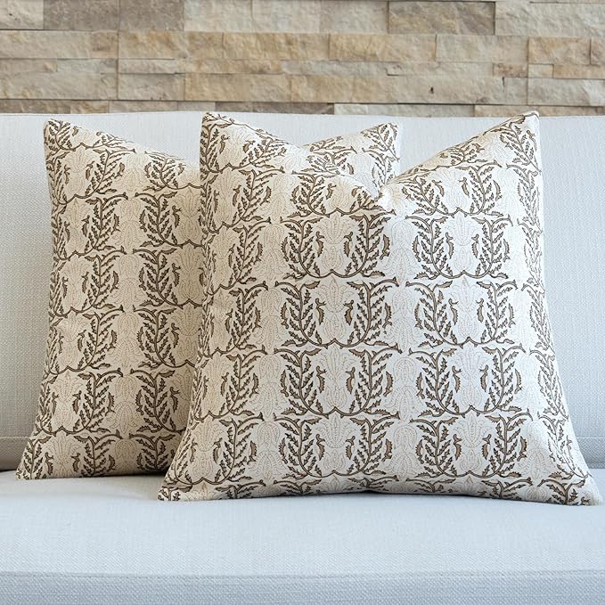 FIOUOVO Floral Throw Pillow Covers 24x24 Set of 2 Block Print Cushion Covers Farmhouse Neutral Accent Decorative Pillow Covers Home Decor for Sofa Couch Living Room Bedroom, Cognac Brown