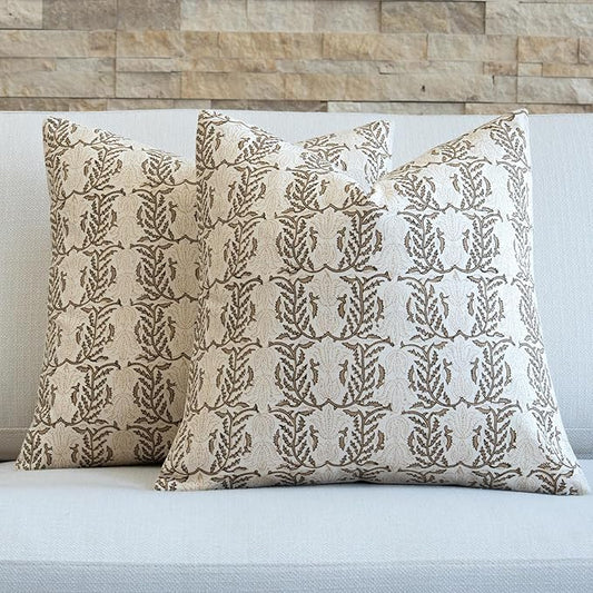 FIOUOVO Floral Throw Pillow Covers 20x20 Set of 2 Block Print Cushion Covers Farmhouse Neutral Accent Decorative Pillow Covers Home Decor for Sofa Couch Living Room Bedroom, Cognac Brown