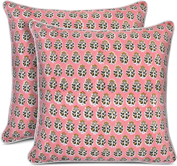 CPC 100% Cotton Throw Pillow Covers 20x20 Inch, Set of 2 Green Block Print Pattern Couch Pillow, Cute Boho Decorative Pillows for Living Room, Bedroom with Hidden Zipper- Poppy Pink