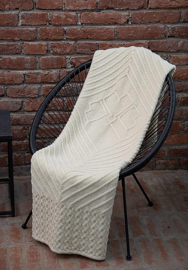 SAOL Irish Throw with Shamrock - 100% Merino Wool Aran Couch Blanket 48'' x 68'' (122 x 173 cm) (Natural)
