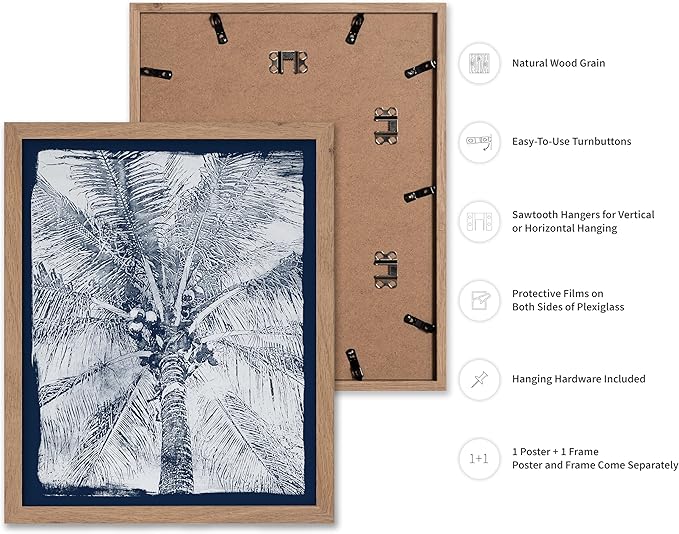 Monem Art Coastal Palm Tree Cyanotype Print - Blue and White Tropical Botanical Design Poster - Wall Decor for Beach House, Bedroom or Living Room - 8x10 Beige Framed Wall Art by Renee Stramel