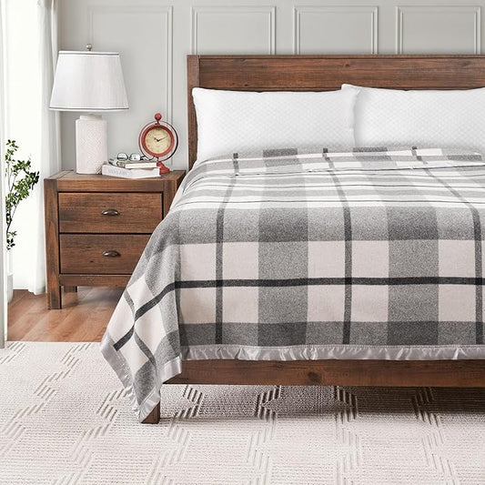 Creswick Woollen Mills 100% Australian Merino Wool Blanket – Soft Warm and Natural with Satin Binding, Breathable Luxury Bedding for All Seasons, (Gray Plaid, Full/Queen Size)