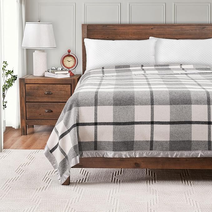 Creswick Woollen Mills 100% Australian Merino Wool Blanket – Soft Warm and Natural with Satin Binding, Breathable Luxury Bedding for All Seasons, (Gray Plaid, Twin Size)