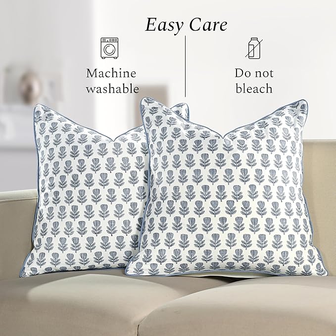CPC Morning Bloom Blue Block Print Throw Cushion Cover 20 x 20 Inch Set 2 - Decorative Boho Floral Pillow Case For Living Room, Bed, Sofa, Couch, Home Decor Cushion Cover Gift For Spring, Mother's Day