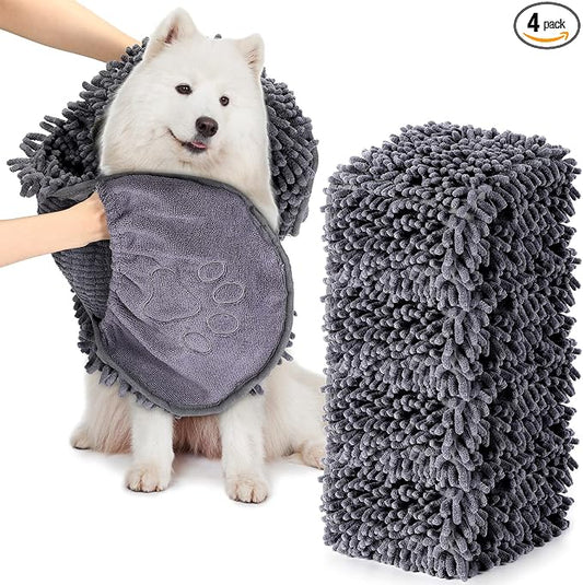 Newwiee 4 Pcs Large Dog Towels for Drying Dogs with Hand Pocket Microfiber Shammy Towel 32 x 14 in Dog Bath Towel Absorbent, Quick Drying, Machine Washable for Pet Puppy Clean Shower Supplies(Grey)