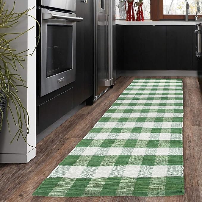 GLAMBURG Cotton Reversible Area Runner Rug 2' x 6' for Bedroom Living Room Kitchen Hallways Front Porch Laundry Room, Handwoven Farmhouse Floor Mat, Washable Checkered Plaid Runner Rug Green White