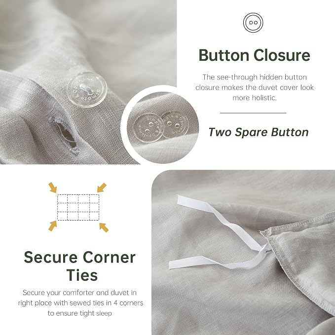 Simple&Opulence 100% Linen Duvet Cover Set, 3 PCS Natural French Flax Light Grey Duvet Cover Full Size, Breathable Soft Comfy Linen Bedding Comforter Cover with 2 Pillowcases(Light Grey, 78"x86")