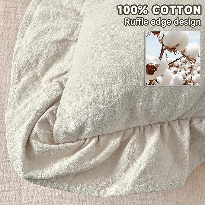 AmHoo Pack of 2 Throw Pillow Covers 100% Cotton Pre Washed Ruffle Decorative Pillowcase Cushion for Couch Sofa Bedroom 20 x 20-Inch Beige