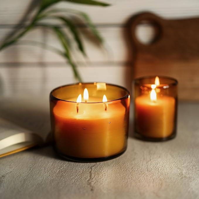 Bluecorn Beeswax 3-Wick Candle Refill – 22oz Amber Glass Jar, 100% Pure Beeswax, Unscented – 40 Hr Long Burn, Cotton Wick, Non Toxic – Handmade in USA, 1 Count