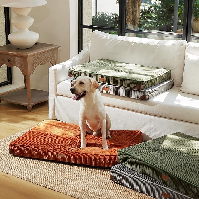 FUKUMARU Dog Bed, Thickened Corduroy Orthopedic Dog Beds with Washable Cover, XL Waterproof Dogs Bed for Crate, 28D Egg Crate Foam Support Pet Mat, Cozy Pet Bed Pad with Anti-Slip Bottom, Orange