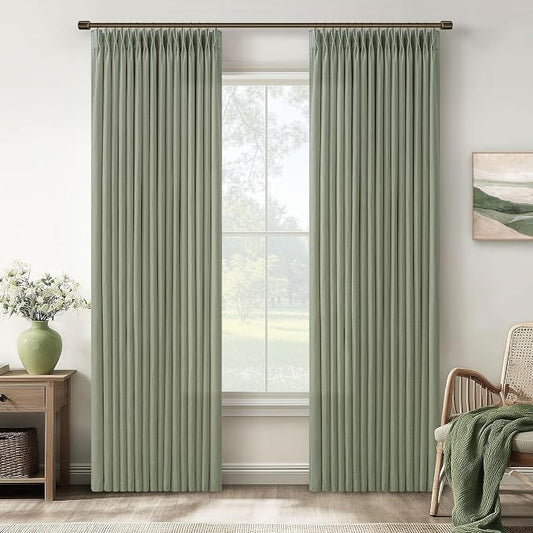 Green Linen Semi Sheer Curtains 90 Inches Long 2 Panels Set for Bedroom Living Room Pinch Pleated Country Farmhouse Window Drapes Light Filtering Privacy Sliding Door Viral Curtain W50xL90 Sage Green