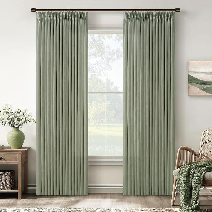 Sage Green Linen Curtains 84 Inches Long for Living Room Dining Pinch Pleated Boho Farmhouse Curtain Hooks Rings Back Tab Bedroom Window Drapes 84 Inch Length 50 Inch Width Sliding Door 2 Panels Set