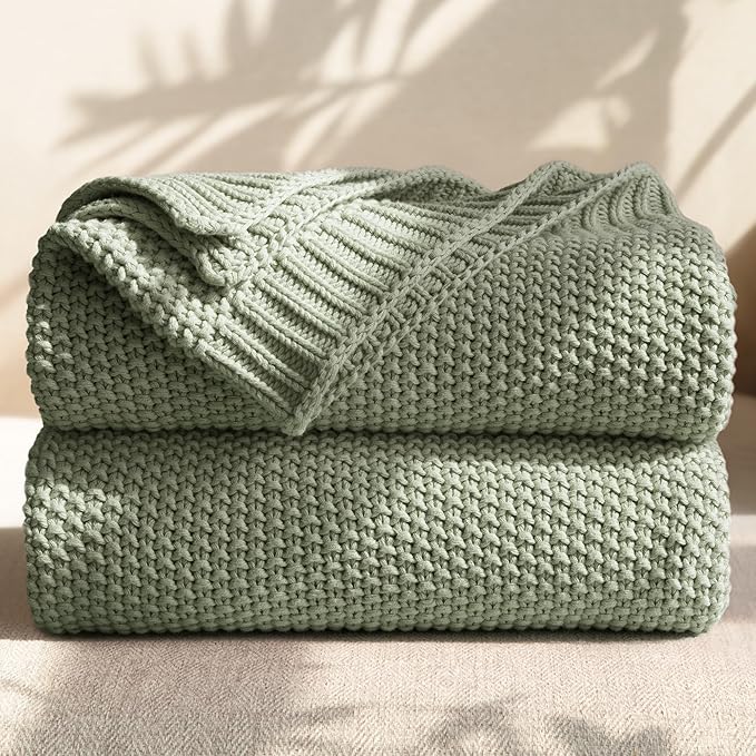 100% Cotton Cable Knit Throw Blanket, Large Lightweight Soft Knit Blanket for Sofa Couch Bed, Breathable All-Season Throw, Cozy Decorative Blanket, 60 x 80 Inch,Sage