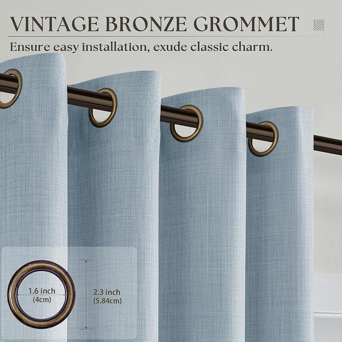 92 Inch Light Blue Curtains for Living Room Faux Linen Semi Sheer Light Filtering Privacy Bronze Grommet Modern Coastal Bohemian Bluey Curtains for Girls Kids Room 92 Inches Long 2 Panels Set