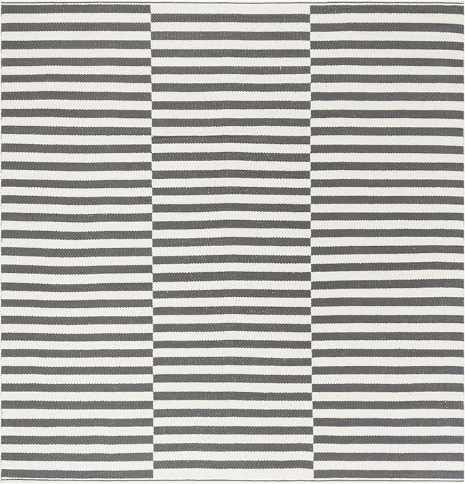 SAFAVIEH Montauk Collection Area Rug - 6' Square, Ivory & Grey, Handmade Stripe Cotton, Ideal for High Traffic Areas in Living Room, Bedroom (MTK715A)